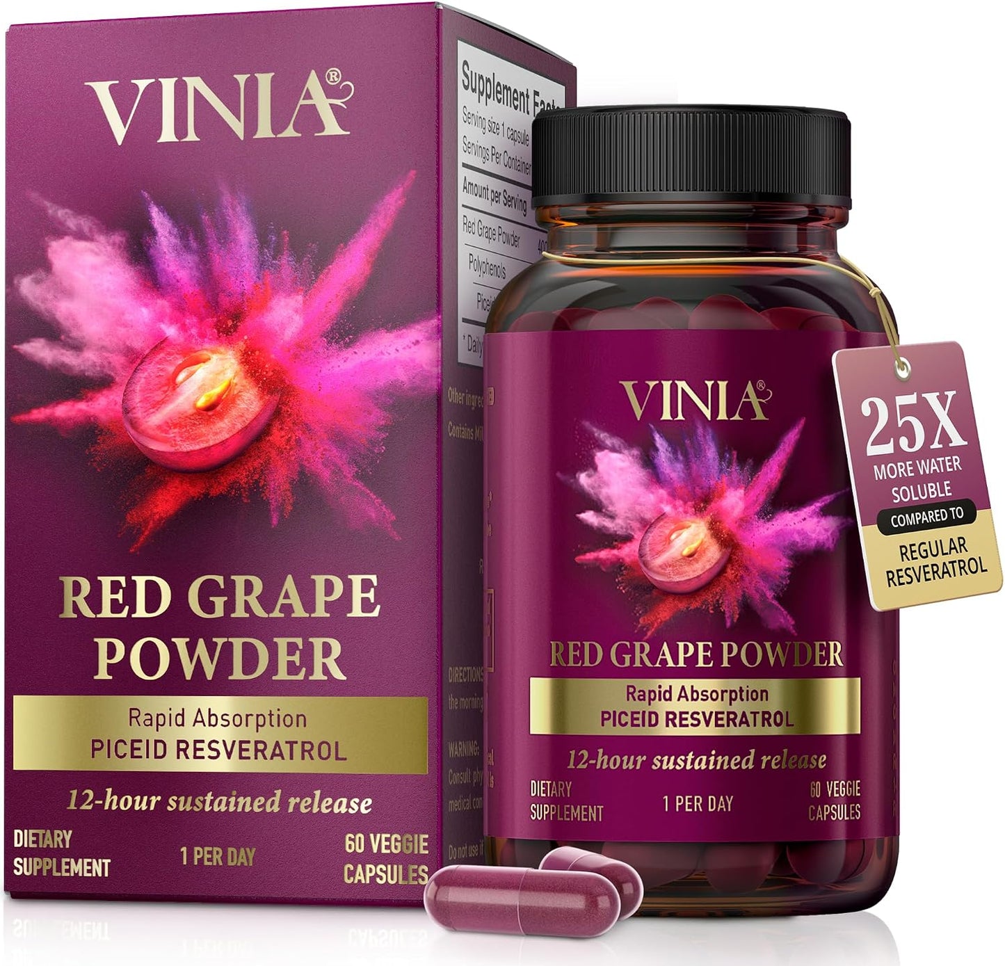 VINIA Piceid Resveratrol Supplement Capsules. Increases Blood Flow and Nitric Oxide. Blood  30 CountPressure and Heart Health Support | Antioxidant from Red Grapes | Non-GMO, 30 Count