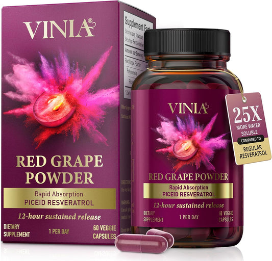 VINIA Piceid Resveratrol Supplement Capsules. Increases Blood Flow and Nitric Oxide. Blood  30 CountPressure and Heart Health Support | Antioxidant from Red Grapes | Non-GMO, 30 Count